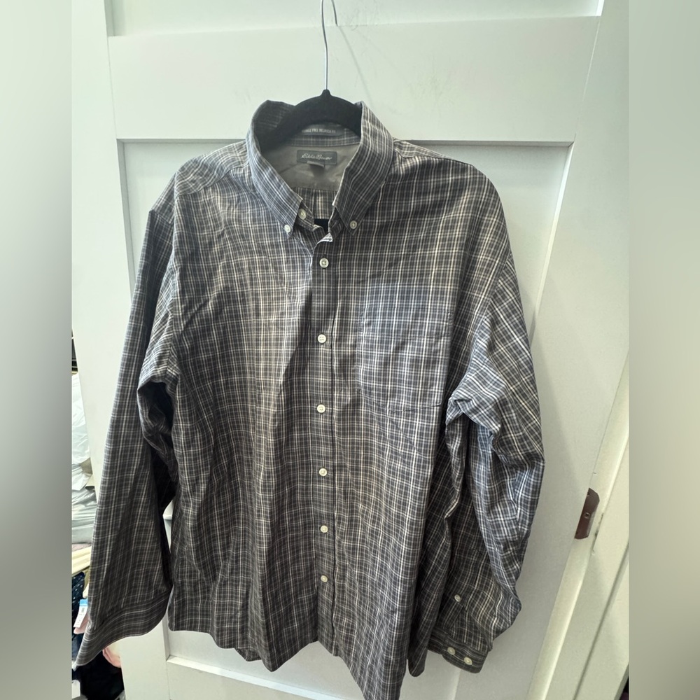 Eddie Bauer Gray Plaid Button Down Shirt size L